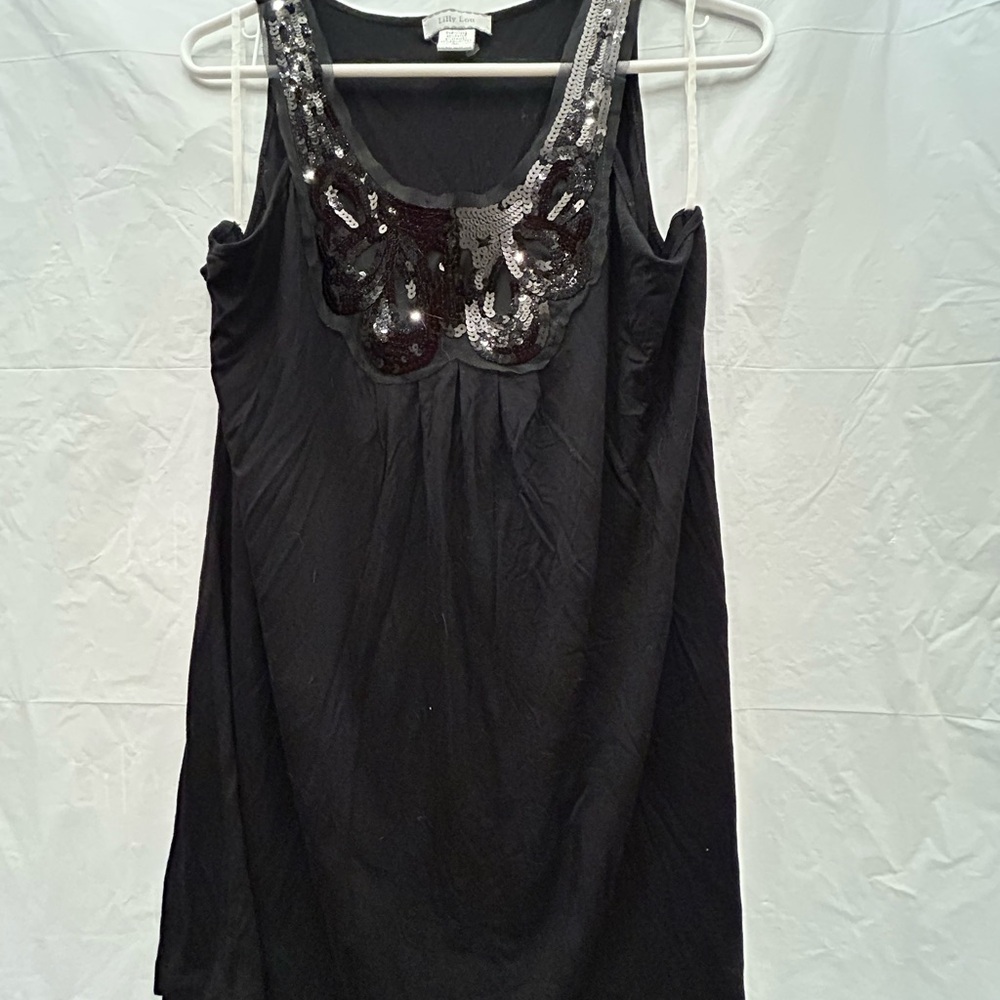 Lilly Lou Elegant Black Sequin Women's Tank Top Sz XL 95% Rayon 5% Spandex NWNT